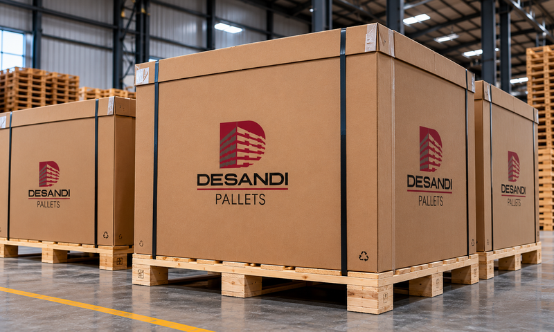 Contenedores industriales Desandi Pallets con cajas de cartón sobre tarimas — almacén en San Luis Potosí