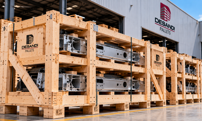 Huacales de madera con componentes industriales metálicos — embalaje a la medida Desandi Pallets