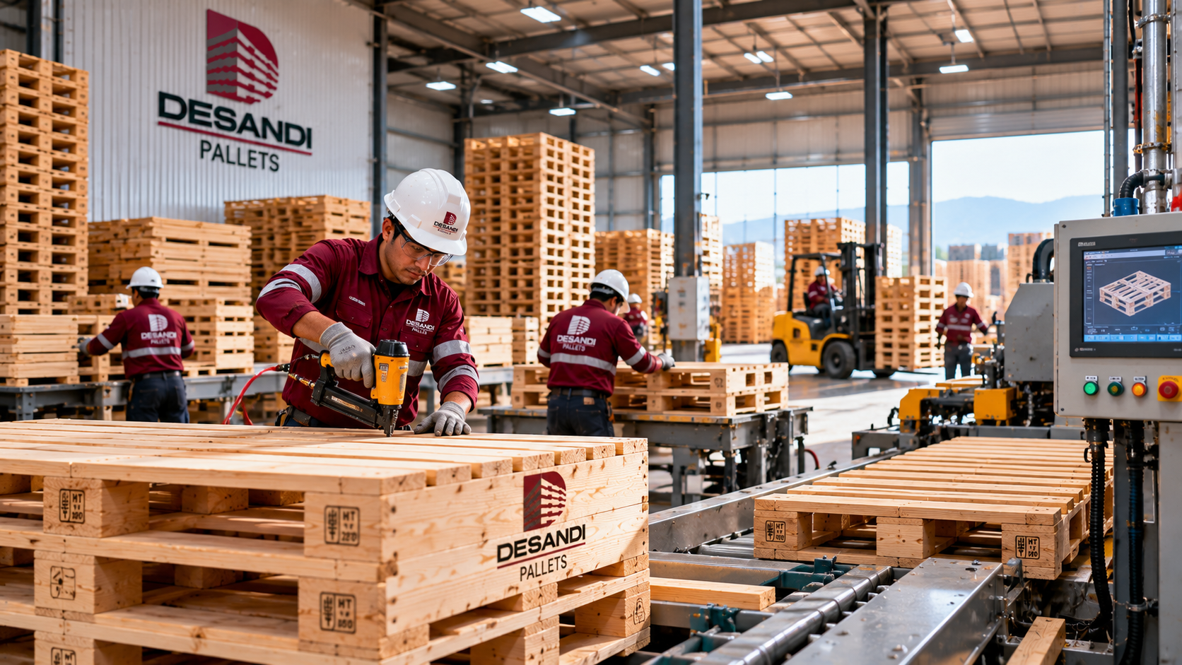 Trabajadores ensamblando tarimas de madera con herramientas neumáticas en planta Desandi Pallets