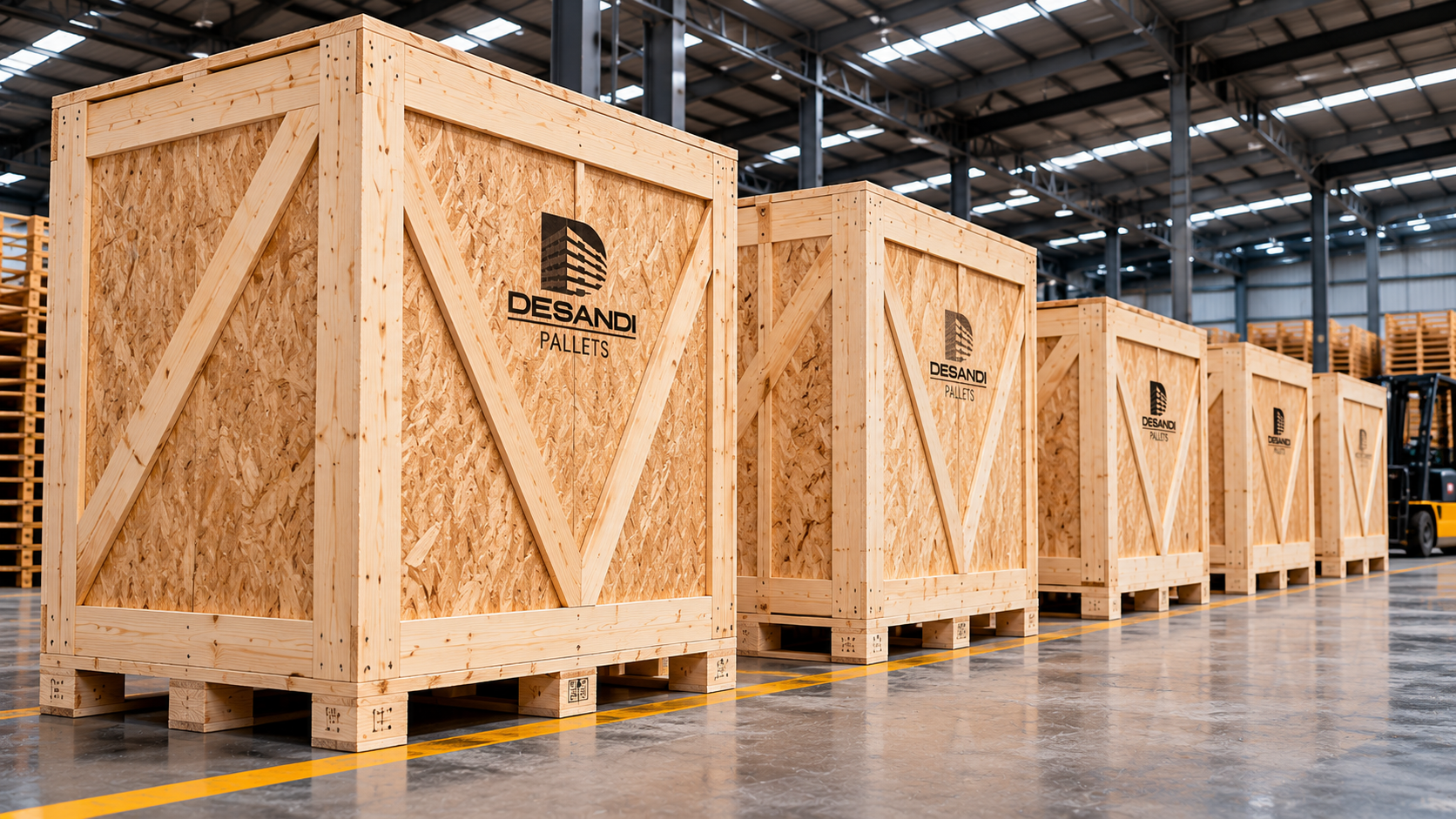 Huacales de madera Desandi Pallets alineados en nave industrial