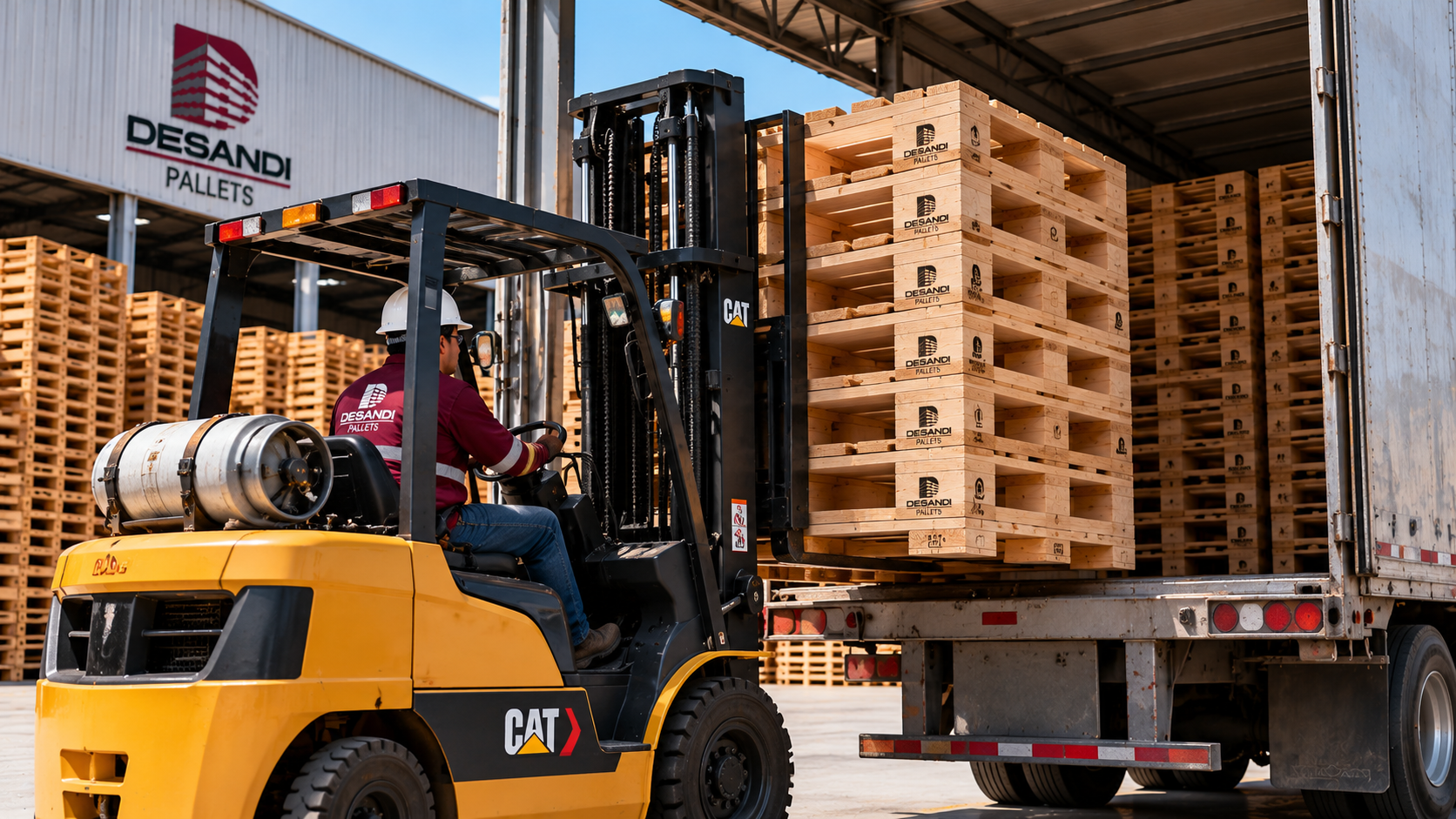 Montacargas Desandi Pallets cargando tarimas de madera en camión de distribución