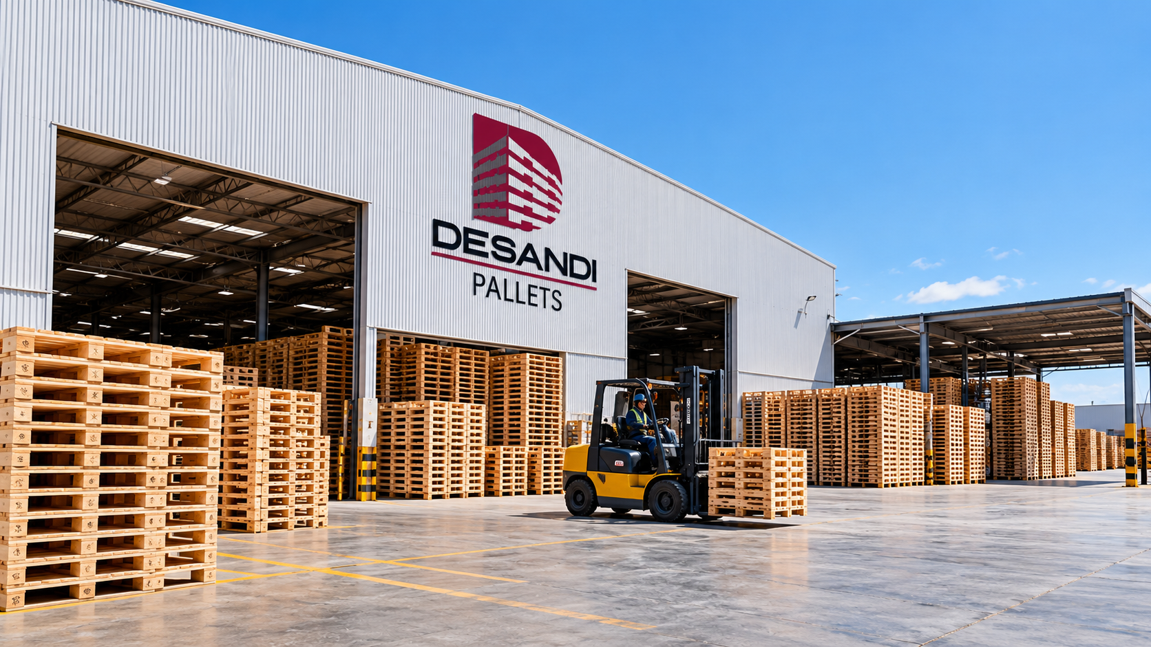 Planta industrial Desandi Pallets con tarimas apiladas y montacargas en operación