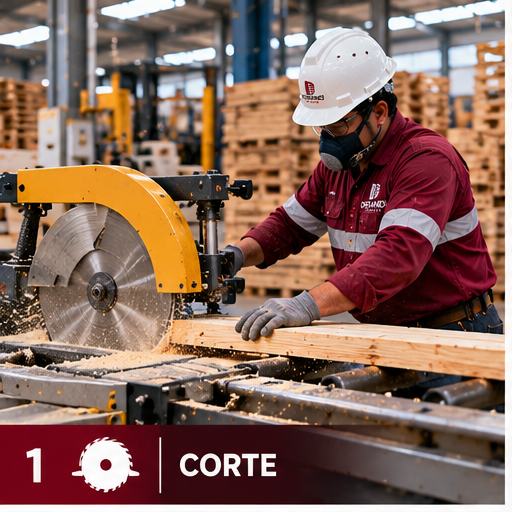 Operario Desandi Pallets cortando madera con sierra circular industrial en planta de San Luis Potosí — Proceso 1: Corte