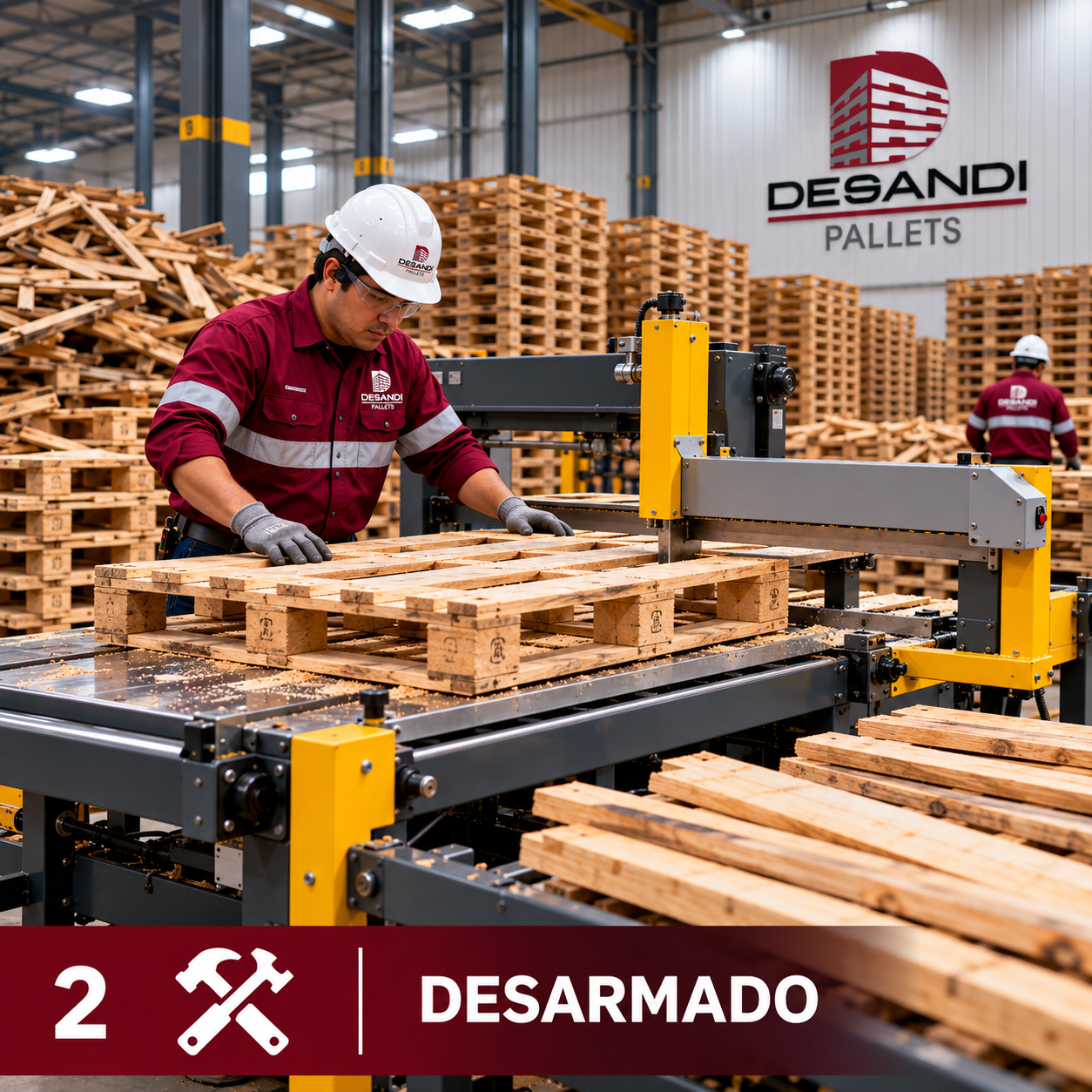 Operario Desandi Pallets desarmando tarimas usadas con mesa desarmadora industrial — Proceso 2: Desarmado