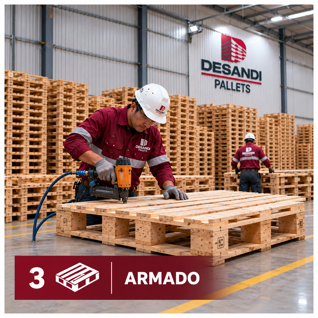 Operario Desandi Pallets ensamblando tarima de madera con pistola neumática — Proceso 3: Armado