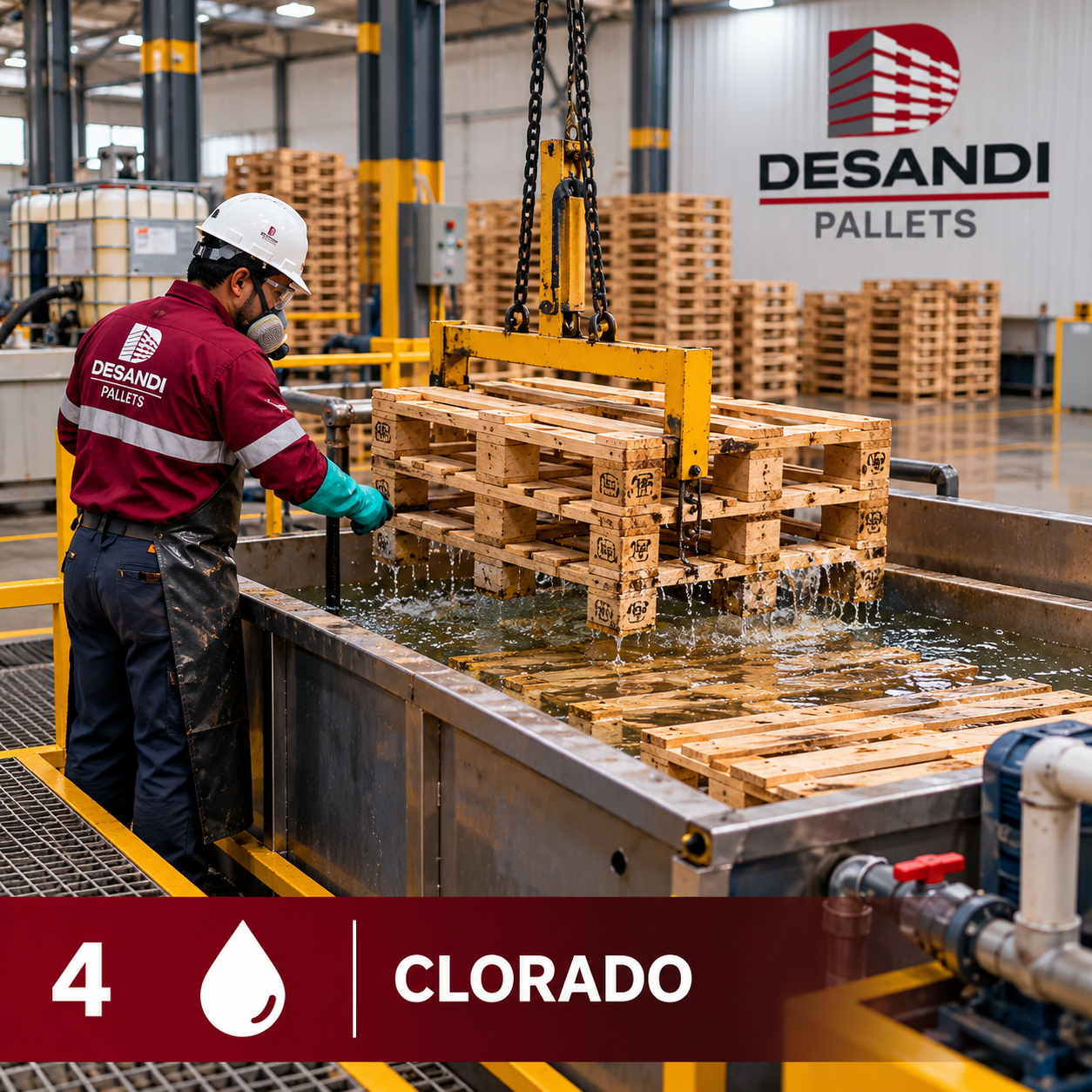 Operario Desandi Pallets sumergiendo tarimas en tina industrial de clorado — Proceso 4: Clorado