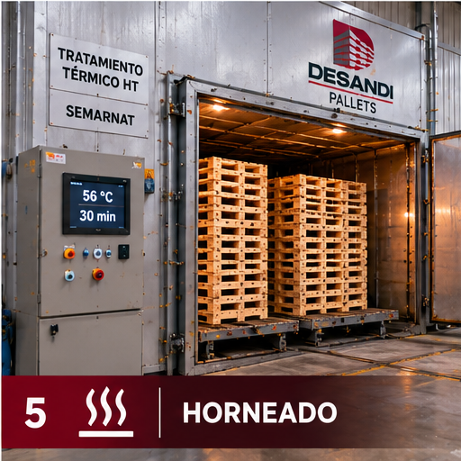 Horno de tratamiento térmico HT Desandi Pallets certificado SEMARNAT con tarimas a 56°C — Proceso 5: Horneado
