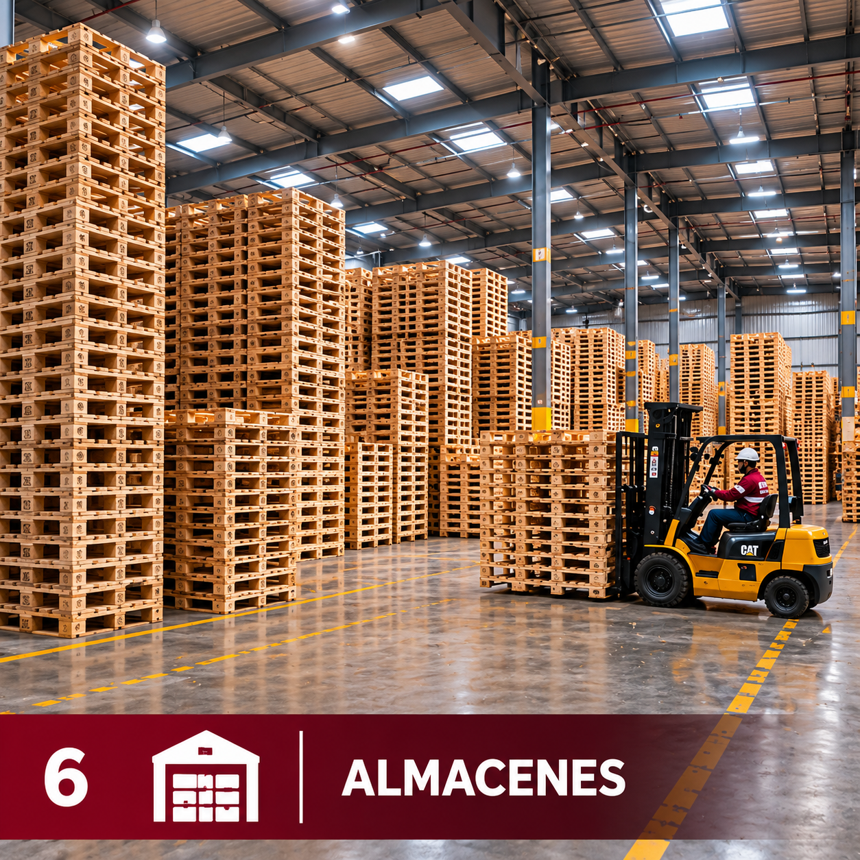 Almacén Desandi Pallets con tarimas terminadas apiladas y montacargas CAT en operación — Proceso 6: Almacenes