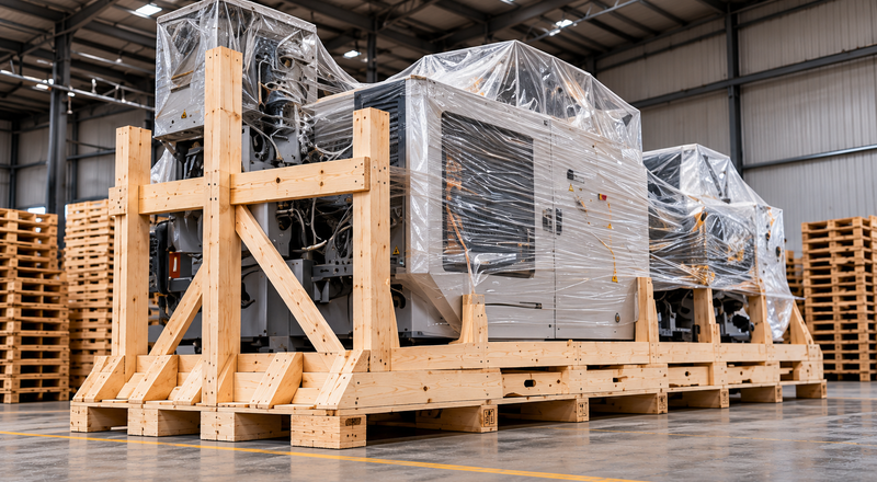 Maquinaria industrial pesada embalada en estructura de madera a la medida — proyectos especiales Desandi Pallets