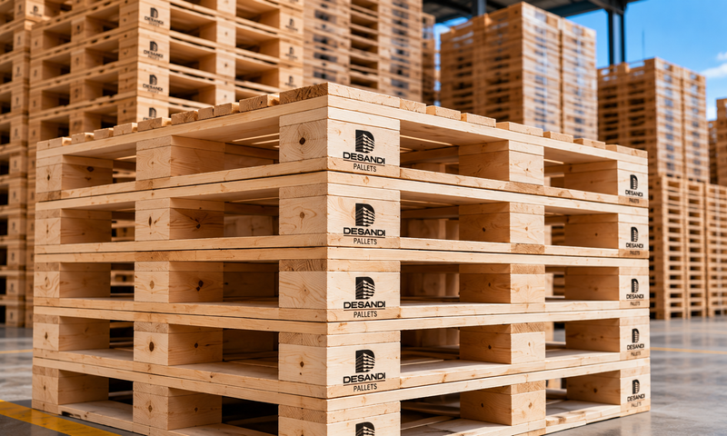Tarimas de madera nuevas apiladas con marca Desandi Pallets — fabricación industrial en San Luis Potosí